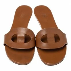 Hermes Brown Leather Lisboa Flat Slides Size 37 For Women -Deals Hermes Store luxury women hermes used shoes p370404 003