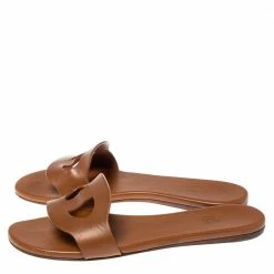 Hermes Brown Leather Lisboa Flat Slides Size 37 For Women -Deals Hermes Store luxury women hermes used shoes p370404 009