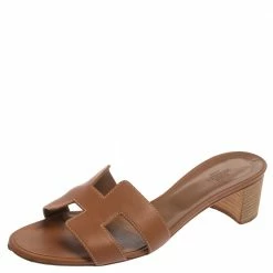 Hermes Brown Leather Oran Block Heel Sandals Size 40 For Women