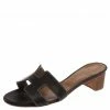 Hermes Black Leather Oran Block Heel Sandals Size 36.5 For Women