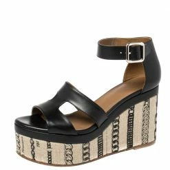 Hermes Black Leather Chain Print Wedge Sandals Size 37.5 For Women