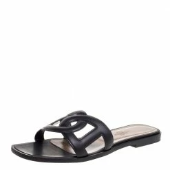 Hermes Black Leather Omaha Flat Slides Size 37 For Women