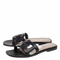 Hermes Black Leather Omaha Flat Slides Size 37 For Women -Deals Hermes Store luxury women hermes used shoes p373717 007