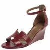 Hermes Burgundy Leather Legend Ankle Strap Wedge Sandals Size 36.5 For Women -Deals Hermes Store luxury women hermes used shoes p376868 004