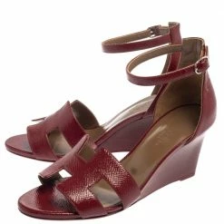 Hermes Burgundy Leather Legend Ankle Strap Wedge Sandals Size 36.5 For Women -Deals Hermes Store luxury women hermes used shoes p376868 006