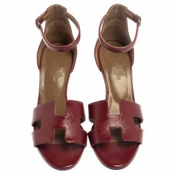 Hermes Burgundy Leather Legend Ankle Strap Wedge Sandals Size 36.5 For Women -Deals Hermes Store luxury women hermes used shoes p376868 007
