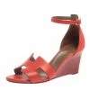 Hermes Red Leather Legend Ankle Strap Wedge Sandals Size 37 For Women -Deals Hermes Store luxury women hermes used shoes p380297 009