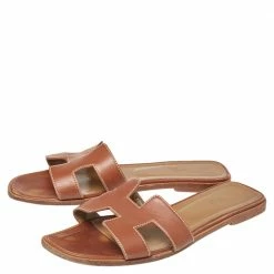 Hermes Tan Leather Oran Sandals Size 39.5 For Women -Deals Hermes Store luxury women hermes used shoes p380978 001