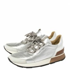 Hermes Silver Leather And Suede Trail Low Top Sneakers Size 38.5 For Women -Deals Hermes Store luxury women hermes used shoes p381059 007