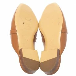 Hermes Brown Leather Palladium Plated Oz Flat Mules Size 37.5 For Women -Deals Hermes Store luxury women hermes used shoes p381540 003
