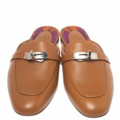 Hermes Brown Leather Palladium Plated Oz Flat Mules Size 37.5 For Women -Deals Hermes Store luxury women hermes used shoes p381540 005