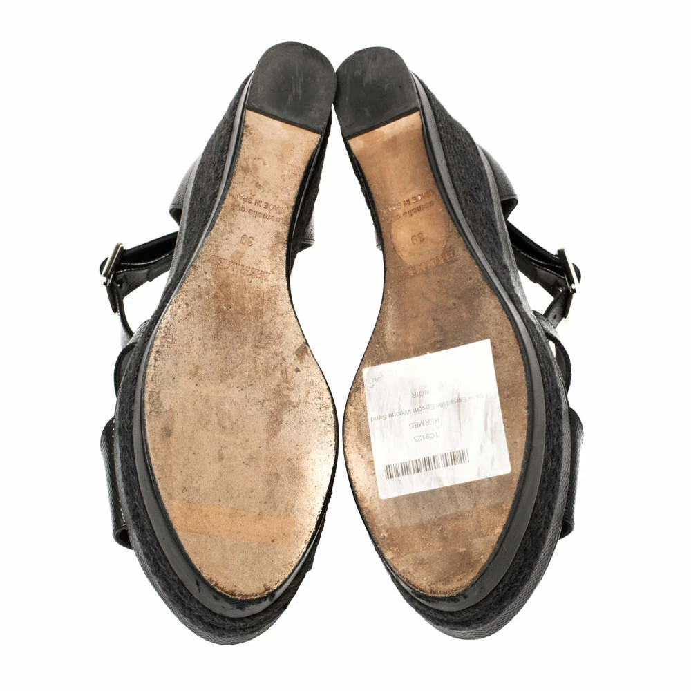 Hermes Black Textured Leather Ilana Espadrille Wedge Sandals Size 39 For Women 8 Hermes Black Textured Leather Ilana Espadrille Wedge Sandals Size 39 For Women - Image 6