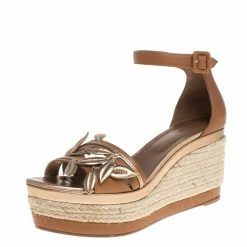 Hermes Brown/Metallic Bronze Leather Leaf Detail Mambo Platform Espadrilles Size 39 For Women