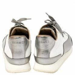 Hermes Metallic Silver/White Leather H Sneakers Size 39 For Women -Deals Hermes Store luxury women hermes used shoes p387926 007