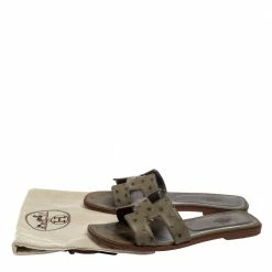 Hermes Grey Ostrich Leather Oran Flats Size 39 For Women -Deals Hermes Store luxury women hermes used shoes p388584 007