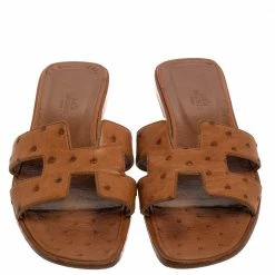 Hermes Brown Ostrich Leather Oran Flats Size 39 For Women -Deals Hermes Store luxury women hermes used shoes p388585 005