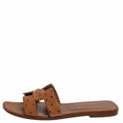 Hermes Brown Ostrich Leather Oran Flats Size 39 For Women -Deals Hermes Store luxury women hermes used shoes p388585 006