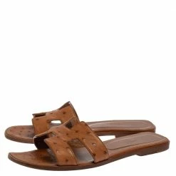 Hermes Brown Ostrich Leather Oran Flats Size 39 For Women -Deals Hermes Store luxury women hermes used shoes p388585 009