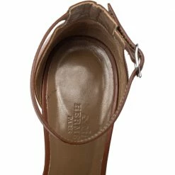 Hermes Brown Leather Legend Ankle Strap Wedge Sandals Size 37 For Women -Deals Hermes Store luxury women hermes used shoes p389444 005