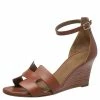 Hermes Brown Leather Legend Ankle Strap Wedge Sandals Size 37 For Women
