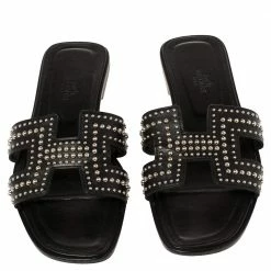 Hermes Black Leather Studded Oran Flats Size 38 For Women -Deals Hermes Store luxury women hermes used shoes p389840 004