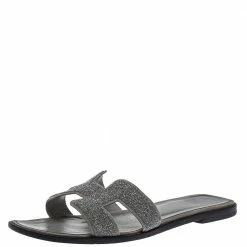 Hermes Grey/Silver Glitter Leather Oran Flat Slides Size 40 For Women