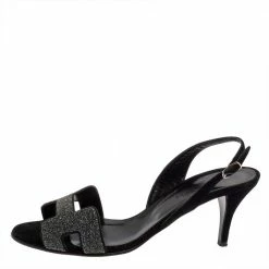 Hermes Black Suede And Glitter Night Slingback Sandals Size 37.5 For Women -Deals Hermes Store luxury women hermes used shoes p393405 004