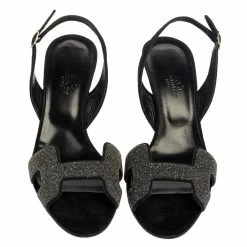 Hermes Black Suede And Glitter Night Slingback Sandals Size 37.5 For Women -Deals Hermes Store luxury women hermes used shoes p393405 005