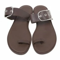 Hermes Brown Leather Toe Ring Buckle Sandals Size 37 For Women -Deals Hermes Store luxury women hermes used shoes p39360 006