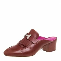 Hermes Brown Leather Tuileries Block Heel Mules Size 40.5 For Women