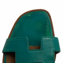 Hermes Teal Green Leather Oran Flat Slides Size 38.5 For Women -Deals Hermes Store luxury women hermes used shoes p396432 002