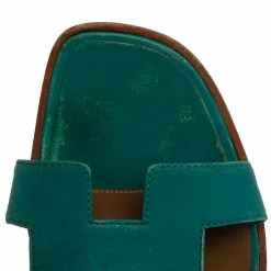 Hermes Teal Green Leather Oran Flat Slides Size 38.5 For Women -Deals Hermes Store luxury women hermes used shoes p396432 003