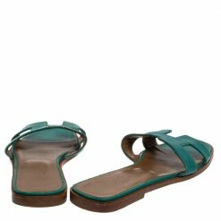 Hermes Teal Green Leather Oran Flat Slides Size 38.5 For Women -Deals Hermes Store luxury women hermes used shoes p396432 005