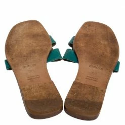 Hermes Teal Green Leather Oran Flat Slides Size 38.5 For Women -Deals Hermes Store luxury women hermes used shoes p396432 006