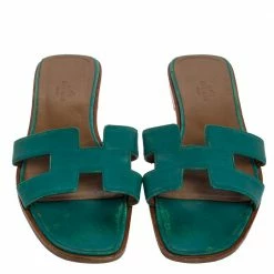Hermes Teal Green Leather Oran Flat Slides Size 38.5 For Women -Deals Hermes Store luxury women hermes used shoes p396432 007
