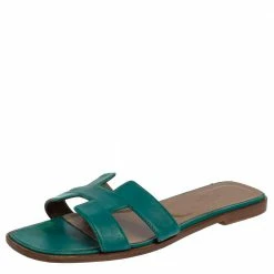 Hermes Teal Green Leather Oran Flat Slides Size 38.5 For Women