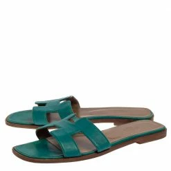 Hermes Teal Green Leather Oran Flat Slides Size 38.5 For Women -Deals Hermes Store luxury women hermes used shoes p396432 010