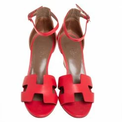 Hermes Red Leather Legend Wedge Sandals Size 37 For Women -Deals Hermes Store luxury women hermes used shoes p401674 006