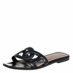 Hermes Black Leather Omaha Slide Sandals Size 37 For Women