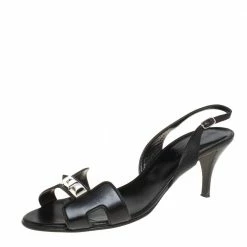 Hermes Black Leather Studded Night Slingback Sandals Size 40.5 For Women