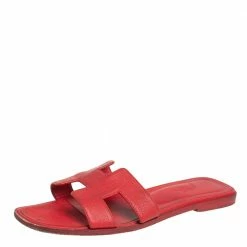 Hermes Hermès Red Leather Oran Slide Sandals Size 39 For Women