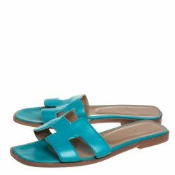Hermes Blue Leather Oran Flat Sandals Size 37 For Women -Deals Hermes Store luxury women hermes used shoes p405224 007