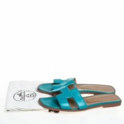Hermes Blue Leather Oran Flat Sandals Size 37 For Women -Deals Hermes Store luxury women hermes used shoes p405224 008