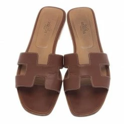 Hermes Brown Leather Oran Sandals Size 39.5 For Women -Deals Hermes Store luxury women hermes used shoes p40646 004