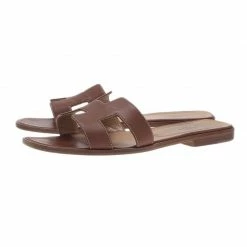 Hermes Brown Leather Oran Sandals Size 39.5 For Women -Deals Hermes Store luxury women hermes used shoes p40646 005