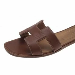 Hermes Brown Leather Oran Sandals Size 39.5 For Women -Deals Hermes Store luxury women hermes used shoes p40646 008
