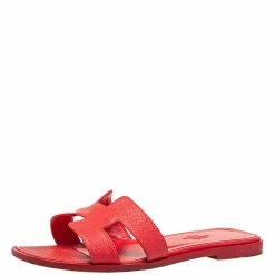 Hermes Red Leather Oran Flat Slides Size 35.5 For Women