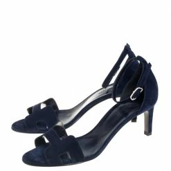 Hermes Navy Blue Suede Premiere Ankle Strap Sandals Size 39.5 For Women