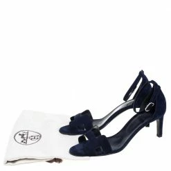 Hermes Navy Blue Suede Premiere Ankle Strap Sandals Size 39.5 For Women -Deals Hermes Store luxury women hermes used shoes p407051 006