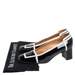 Hermes Black/Cream Patent Leather Square Toe Block Heel Pumps Size 35.5 For Women -Deals Hermes Store luxury women hermes used shoes p407071 001